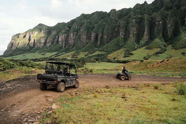 Panorama view of jeep car in hawaii