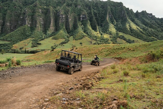 Panorama view of jeep car in hawaii