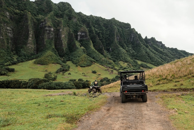 Panorama view of jeep car in hawaii