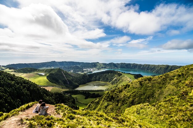 Panoramic landscape overlooking three amazing ponds, Lagoa de Santiago, Rasa and lagoa Azul, Lagoa Seven Cities. The Azores are one of the main tourist destinations in Portugal