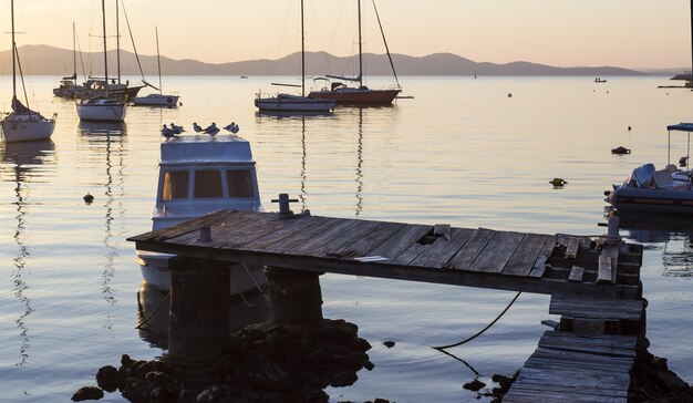 Panoramic shot of a harbor with sailboats and an old dock