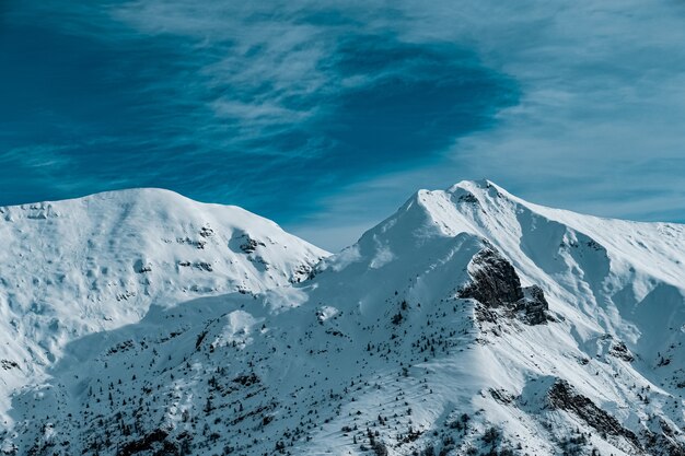 Panoramic shot of snow covered mountain peaks under cloudy blue skies