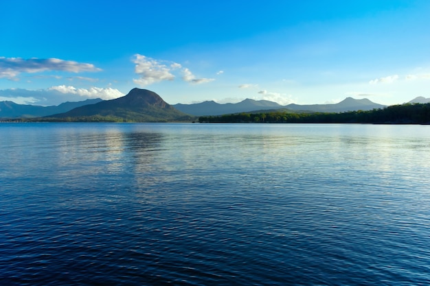 Panoramic shot of a tranquil lake reflecting the blue sky