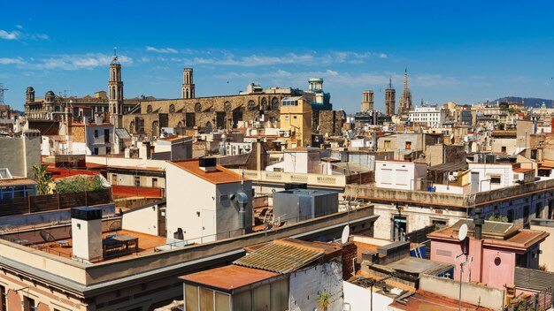 Panoramic view of Barcelona, multiple building's roofs, old cathedrals, Spain