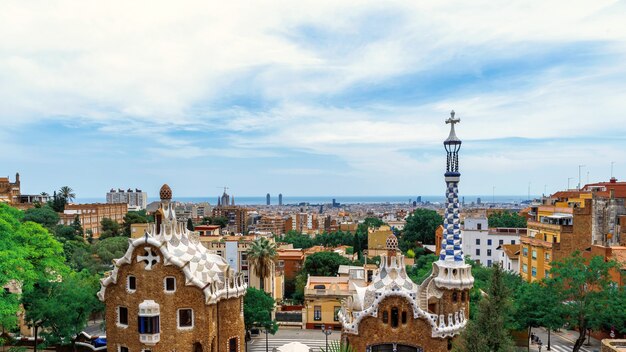 Panoramic view of Barcelona, multiple building's roofs, view from the Parc Guell, Spain