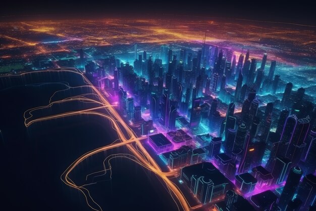 Panoramic view of dubai city illuminated in a neon spectrum