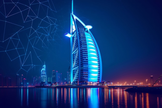 Free photo panoramic view of dubai city illuminated in a neon spectrum