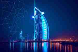 Free photo panoramic view of dubai city illuminated in a neon spectrum