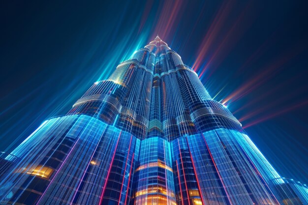 panoramic view of dubai city illuminated in a neon spectrum