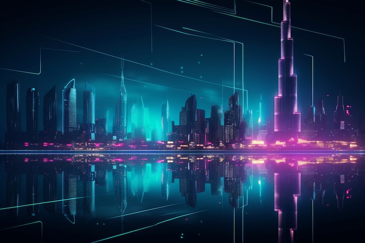 Free Photo panoramic view of dubai city illuminated in a neon spectrum