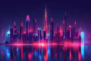 Free photo panoramic view of dubai city illuminated in a neon spectrum