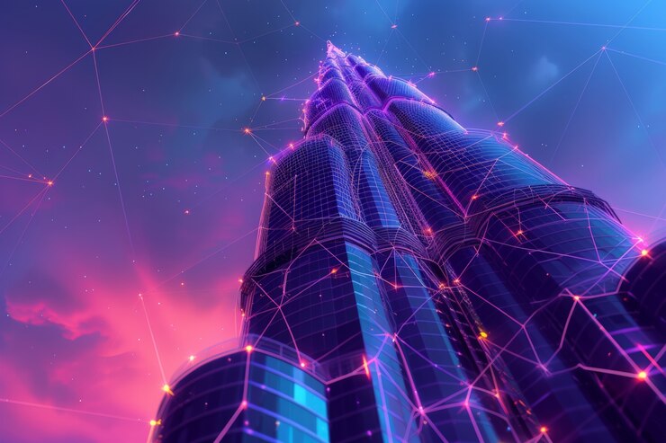 Free Photo panoramic view of dubai city illuminated in a neon spectrum