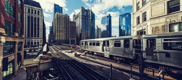 Panoramic view of elevated railway train in chicago, usa.