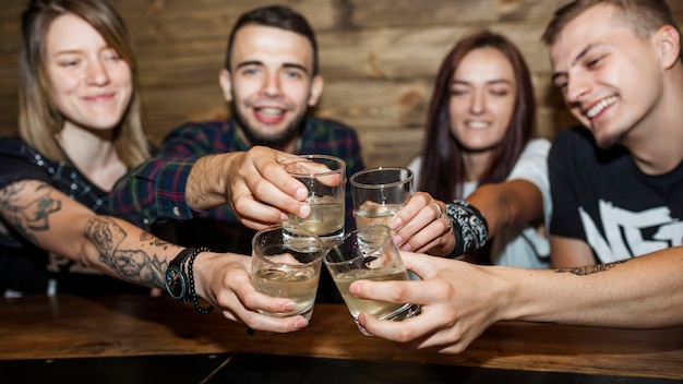 Panoramic view of friends toasting alcohol drink glasses