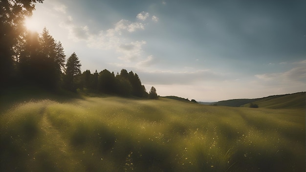Free photo panoramic view of green meadow in mountains at sunset