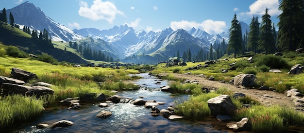 Панорамный вид на горную реку в высокогорье
