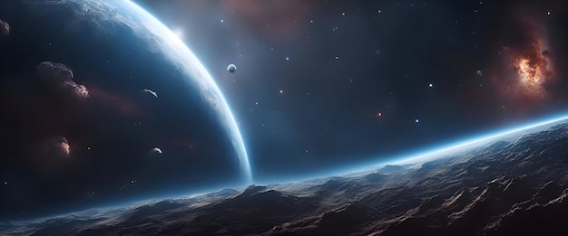 무료 사진 해가 뜨는 동안 우주에서 지구 행성의 파노라마 뷰 3d 렌더링
