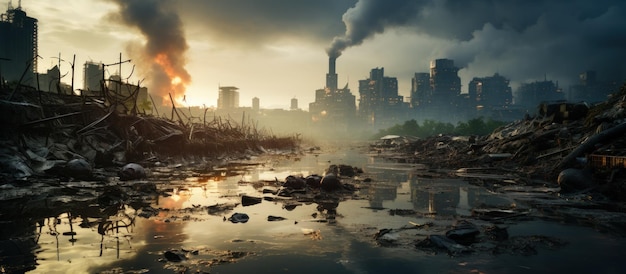 Free photo panoramic view of a polluted city with smoke rising from a chimney