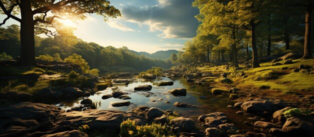 Panoramic view of a river flowing through the forest at sunset