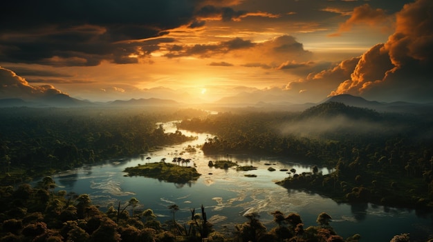 Панорамный вид на реку и горы на закате