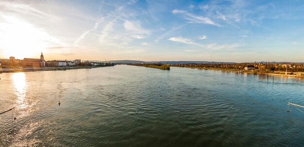 Premium Photo Panoramic View Of River Rhine In Mainz And Wiesbaden City Germany At Sunset