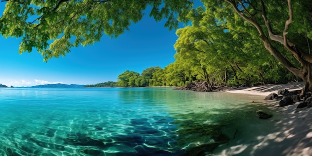 Panoramic View of a Secluded Tropical Beach with Crystal Clear Waters and Dense Forests – Free Download