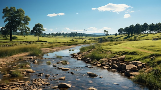 Panoramic view of a small river flowing through a meadow