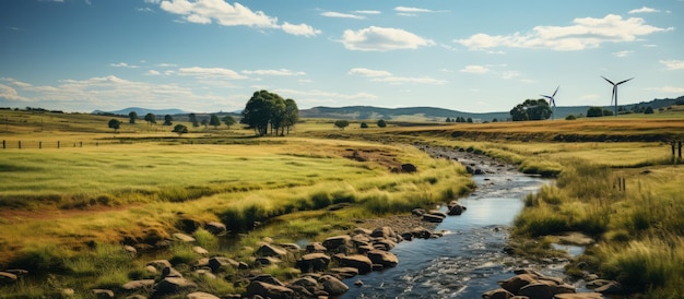 Panoramic view of a small river flowing through a meadow