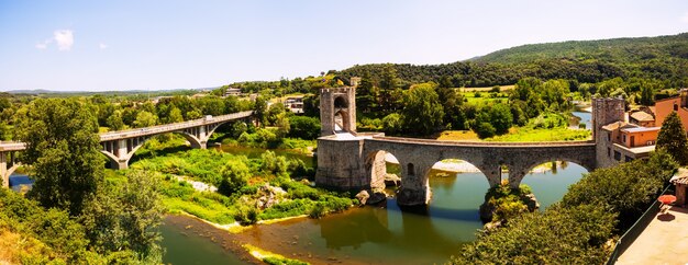 Panoramic view of two bridges in Besalu