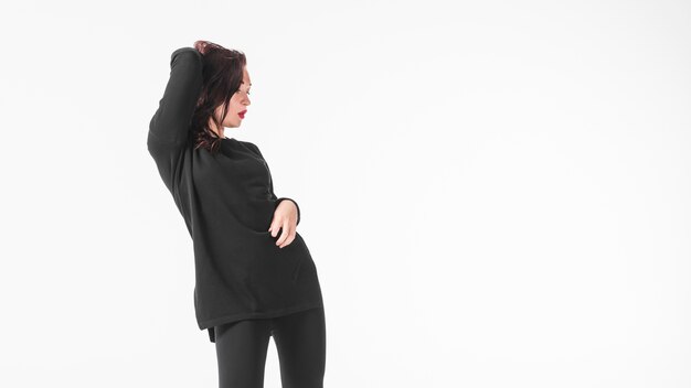 Free photo panoramic view of woman dancing against white background