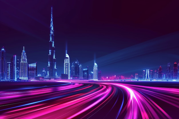 Free photo panoramic views of dubai city illuminated in a neon spectrum