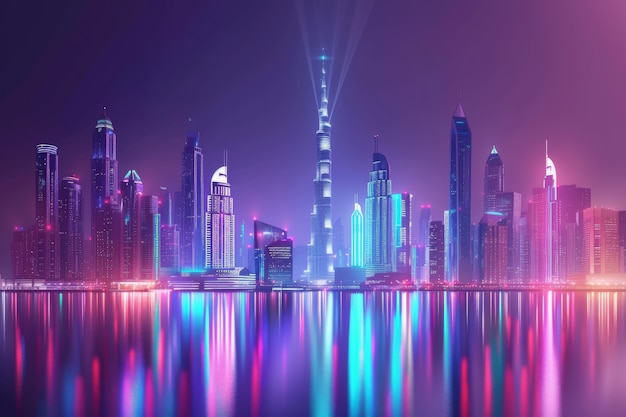 Foto gratuita vedute panoramiche della città di dubai illuminate in uno spettro al neon