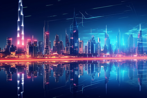 Бесплатное фото Панорамные виды города дубай, освещенные неоновым спектром