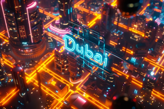 무료 사진 네온 스트럼으로 조명 된 두바이 시의 파노라마 뷰