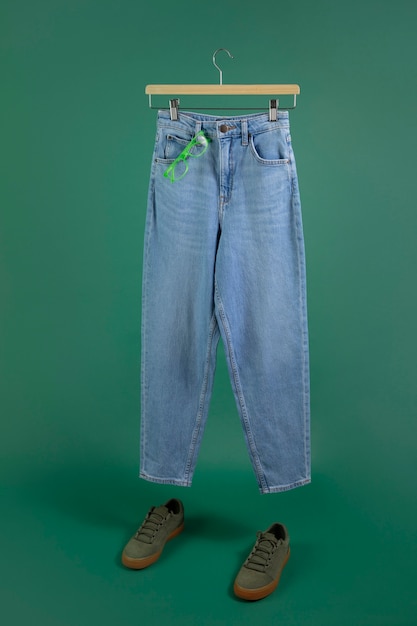 Pants on hanger with green background