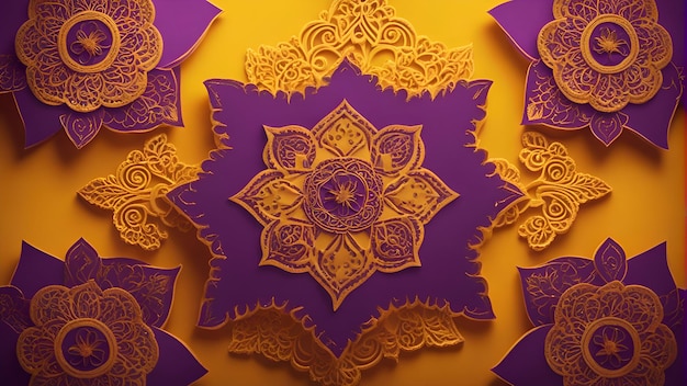 Free photo paper cut indian mandala on yellow background 3d rendering