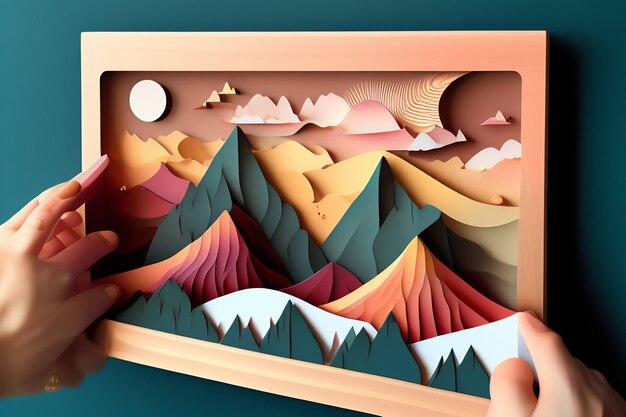 A paper cut out of a mountain with the moon in the background.