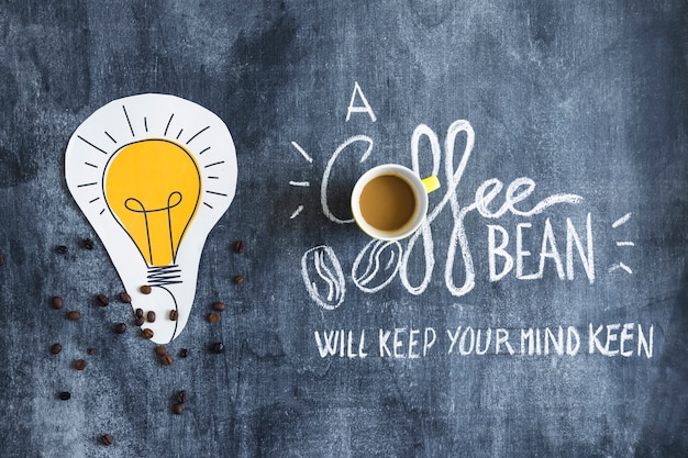 Free photo paper cutout light bulb and coffee cup with message on chalkboard