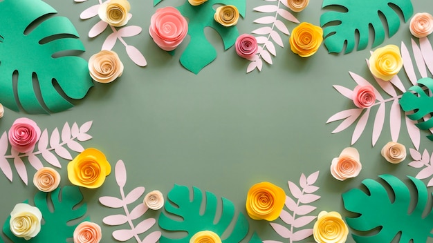 Paper flowers and leaves frame