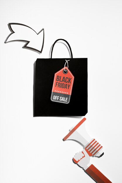 Paper megaphone and shopping bag with label