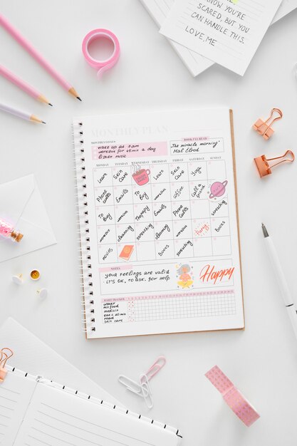 Paper planner bullet journal with stationery