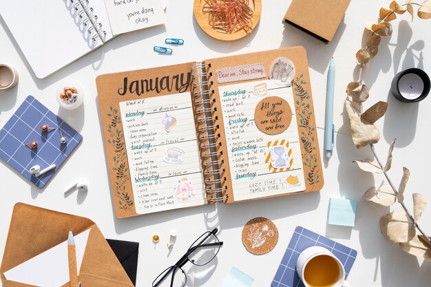Paper planner bullet journal with stationery