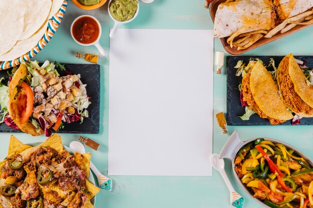 メキシカン料理のプレートの近くの紙のシート