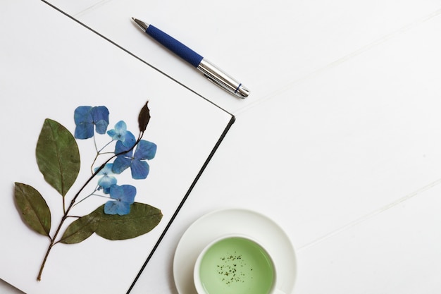 Paper sheet with dry branch and flowers