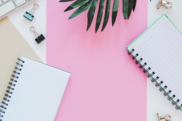 Papers and notepads near palm leaves and keyboard