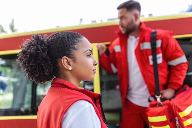 Paramedic nurse and emergency doctor at ambulance with kit a paramedic standing at the rear of an ambulance by the open doors