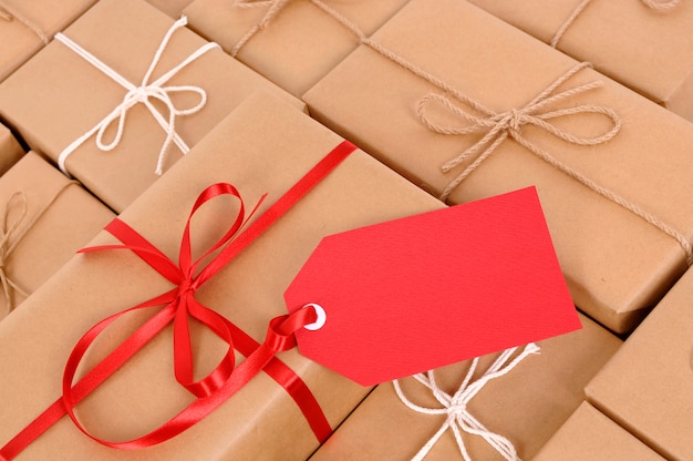 Parcels with red gift tag