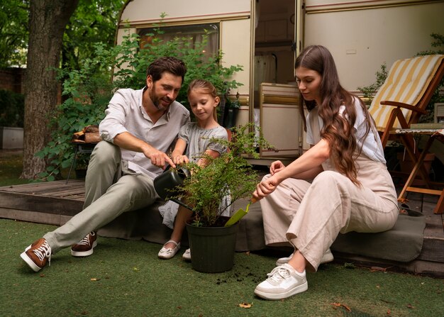 parents and daughter spending time together while wearing linen clothing