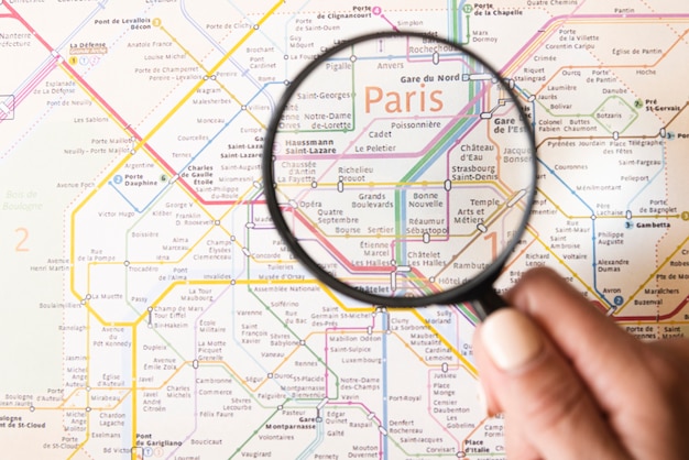 Paris metro map with magnifying glass
