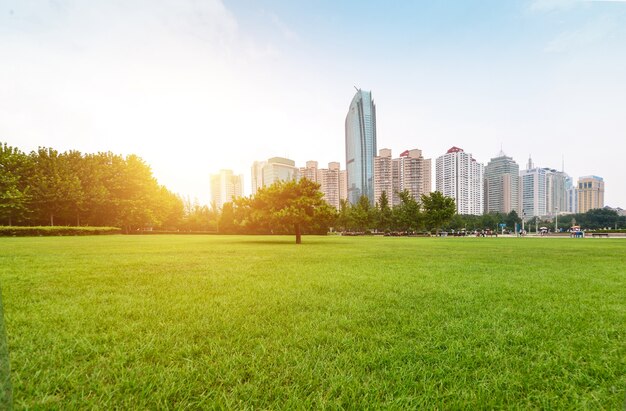 Park next to the city at dawn